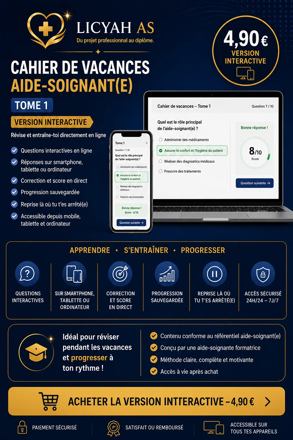 Cahier de vacances aide-soignant Tome 1 en version interactive, affiché sur ordinateur et smartphone