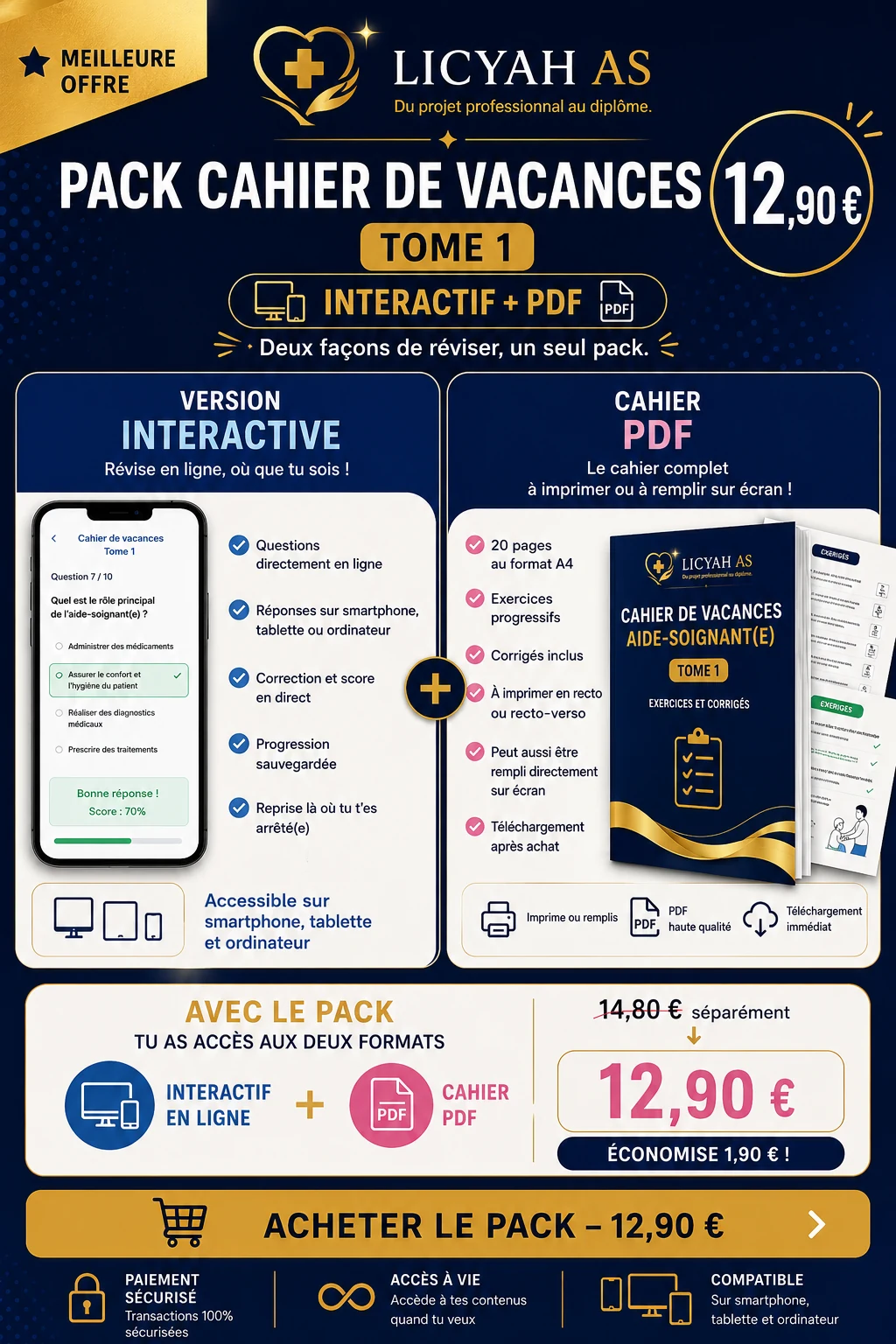 Pack Cahier de vacances aide-soignant Tome 1 interactif et PDF à 12,90 €